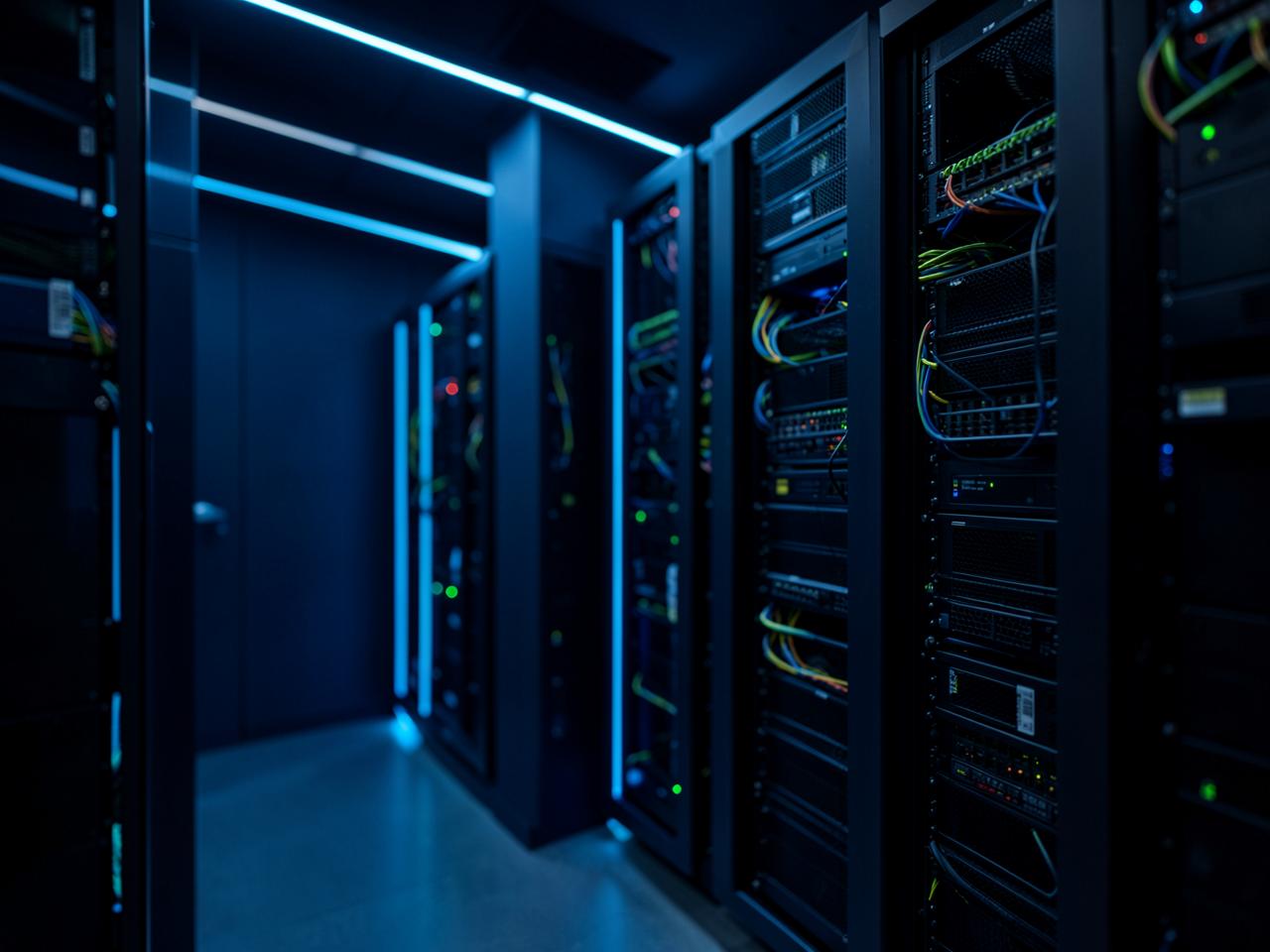 Corredor de racks de servidores em data center corporativo
